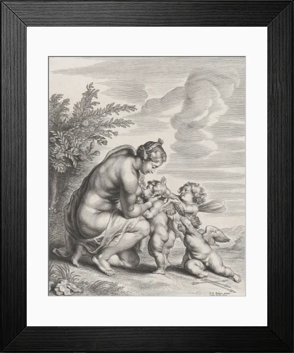 Framed Print : Venus nursing three Cupids in a landscape, ca. 1627-78. Creator: Cornelis Galle II Framed Print : Venus nursing three Cupids in a landscape, ca. 1627-78. Creator: Cornelis Galle II