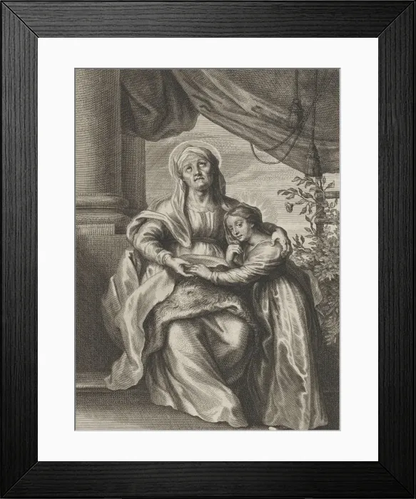 Framed Print : The education of the Virgin, with Saint Anne seated on a bench looking upwards Framed Print : The education of the Virgin, with Saint Anne seated on a bench looking upwards