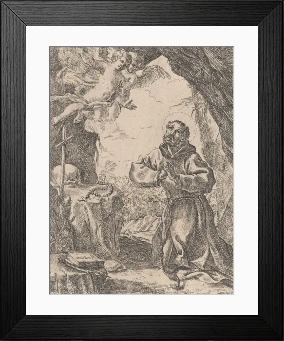 Framed Print : Saint Francis of Assisi, kneeling before a crucifix with two angels at upper left Framed Print : Saint Francis of Assisi, kneeling before a crucifix with two angels at upper left