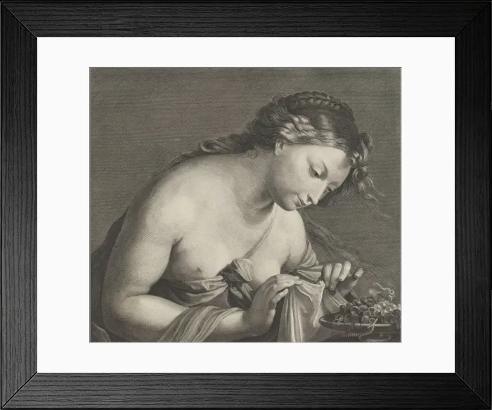 Framed Print : Erigone leaning over a platter of grapes and lifting a piece of cloth with both hands