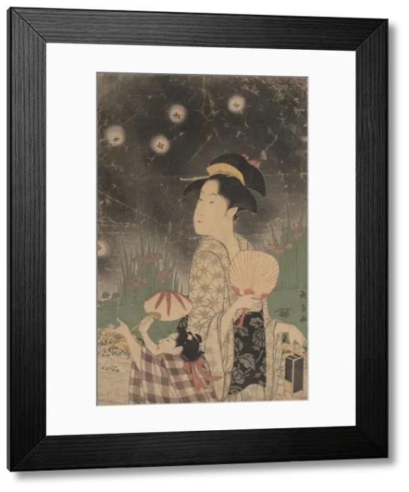 Framed Print : Woman and Child Catching Fireflies, ca. 1793. Creator: Eishosai Choki Framed Print : Woman and Child Catching Fireflies, ca. 1793. Creator: Eishosai Choki