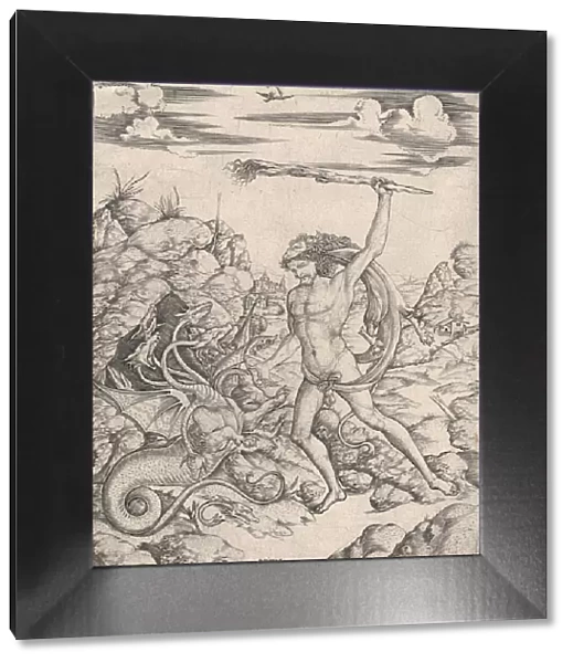 Hercules and the Hydra; wielding a torch he attacks the winged, multi-headed Hydr... ca
