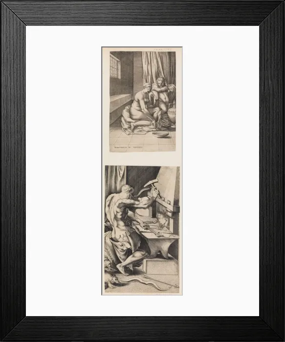 Framed Print : Venus at her Toilette, and Vulcan Working at His Forge, ca. 1546. Creator: Enea Vico Framed Print : Venus at her Toilette, and Vulcan Working at His Forge, ca. 1546. Creator: Enea Vico