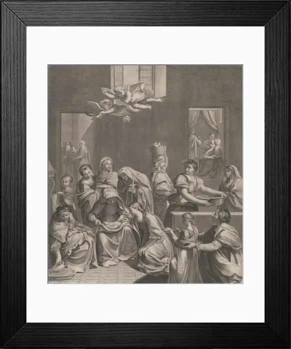 Framed Print : The birth of the Virgin; woman seated with an infant in her lap Framed Print : The birth of the Virgin; woman seated with an infant in her lap