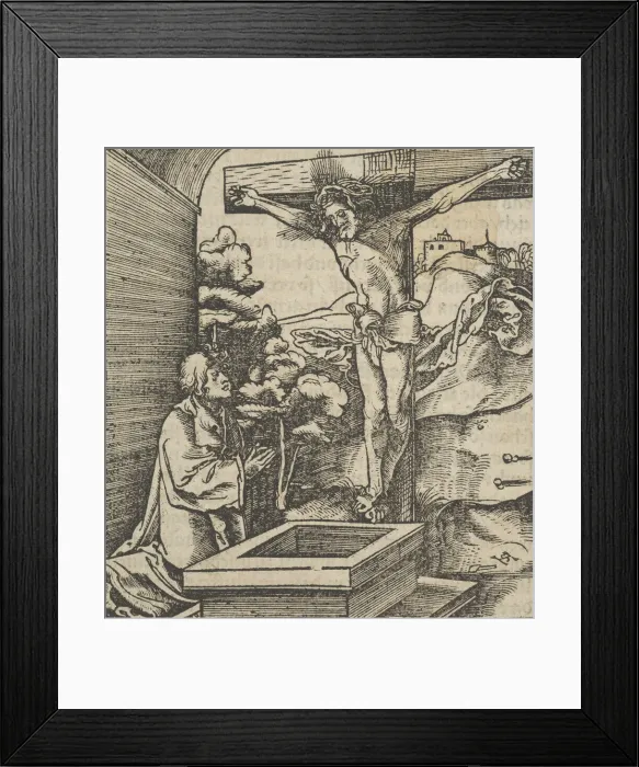 Framed Print : A Man Praying before a Crucifix, from Hymmelwagen auff dem, wer wol lebt... 1517 Framed Print : A Man Praying before a Crucifix, from Hymmelwagen auff dem, wer wol lebt... 1517