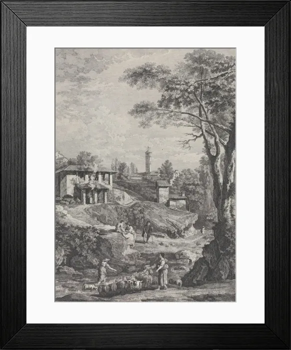 Framed Print : Landscape with shepherds, houses and a tower in the distance, 1760-70 Framed Print : Landscape with shepherds, houses and a tower in the distance, 1760-70
