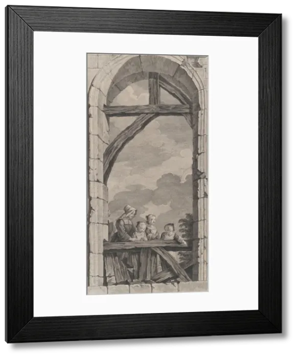 Framed Print : The Chapel of the Enfants-Trouves in Paris: Religieuse et petites filles regardant la crec... 1756. Creator: Etienne Fessard Framed Print : The Chapel of the Enfants-Trouves in Paris: Religieuse et petites filles regardant la crec... 1756. Creator: Etienne Fessard