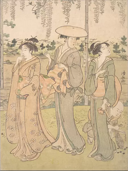 Three Women and a Small Boy beneath a Wisteria Arbor on the Bank of a Stream, ca. 1790