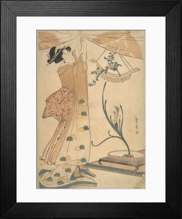 Framed Print : A Woman Tying up a Curtain, a Flower Arrangement of Chrysanthemums in a Boat-shaped Ha Framed Print : A Woman Tying up a Curtain, a Flower Arrangement of Chrysanthemums in a Boat-shaped Ha