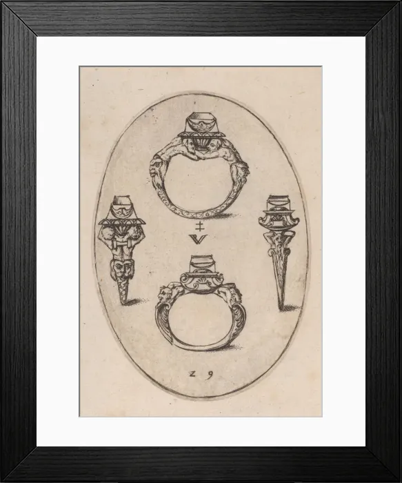 Framed Print : Designs for Four Rings, Plate 29 from Livre d Aneaux d Orfevrerie, 1561 Framed Print : Designs for Four Rings, Plate 29 from Livre d Aneaux d Orfevrerie, 1561