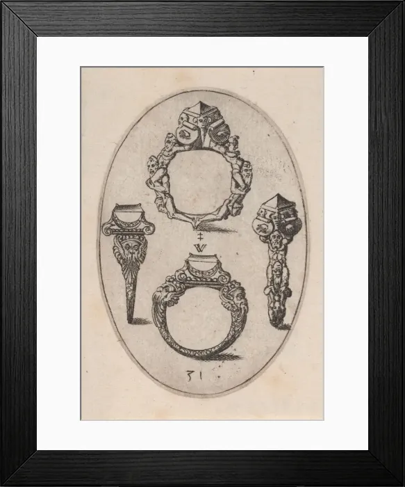 Framed Print : Designs for Four Rings, Plate 31 from Livre d Aneaux d Orfevrerie, 1561 Framed Print : Designs for Four Rings, Plate 31 from Livre d Aneaux d Orfevrerie, 1561
