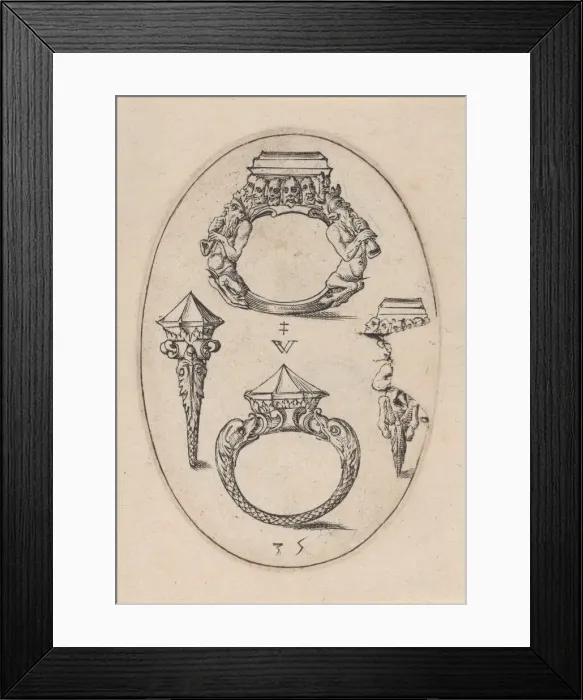 Framed Print : Designs for Four Rings, Plate 35 from Livre d Aneaux d Orfevrerie, 1561 Framed Print : Designs for Four Rings, Plate 35 from Livre d Aneaux d Orfevrerie, 1561