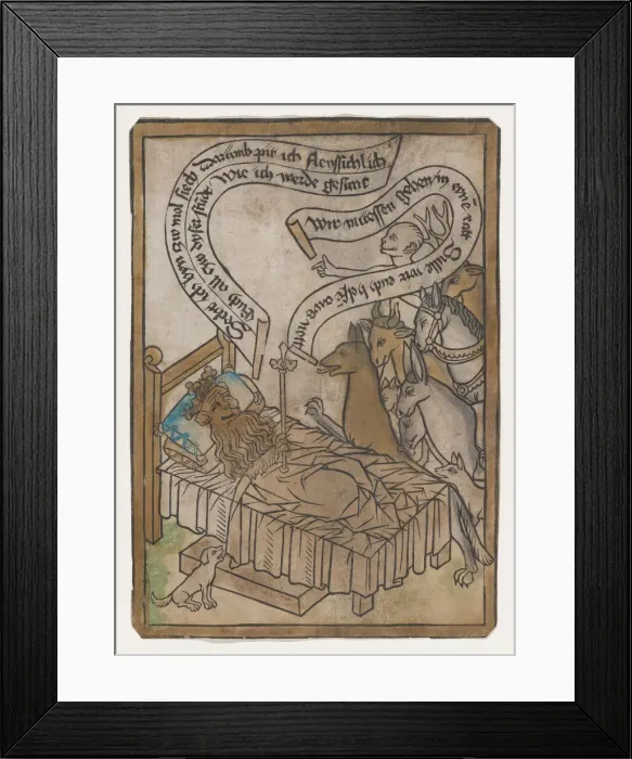Framed Print : The Sick Lion Summons the Animals to His Bedside, from the Sick Lion blockbook, 2nd ed Framed Print : The Sick Lion Summons the Animals to His Bedside, from the Sick Lion blockbook, 2nd ed