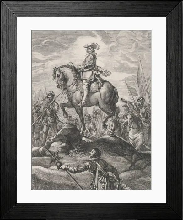 Framed Print : Plate 8: Ferdinand on horseback crossing the Alps; from Guillielmus Becanus s Framed Print : Plate 8: Ferdinand on horseback crossing the Alps; from Guillielmus Becanus s