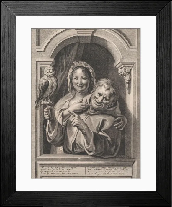 Framed Print : A Fool with an Owl and a Woman at a Window, 17th century. Creator: Pieter de Jode II Framed Print : A Fool with an Owl and a Woman at a Window, 17th century. Creator: Pieter de Jode II