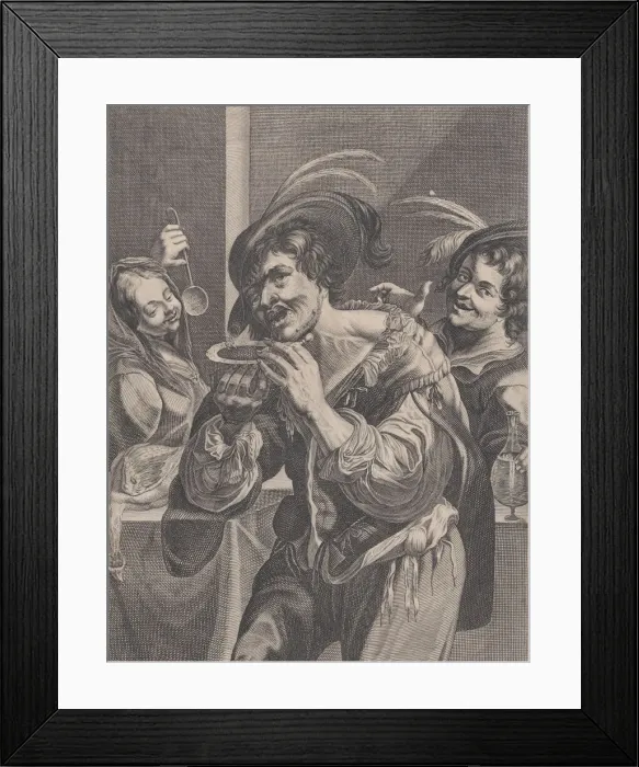Framed Print : Man drinking soup while two people watch him, 1624-75. Creator: Pierre Daret Framed Print : Man drinking soup while two people watch him, 1624-75. Creator: Pierre Daret