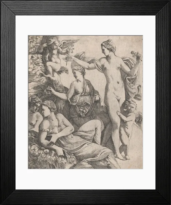 Framed Print : Venus, standing with the three Graces, is offered a flower from a putto, 1607-61