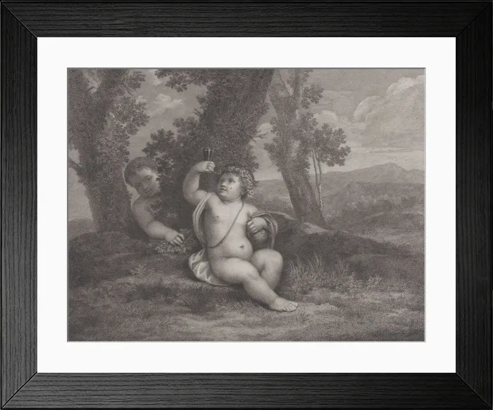 Framed Print : The infant Bacchus seated under a tree, holding up a wine glass Framed Print : The infant Bacchus seated under a tree, holding up a wine glass