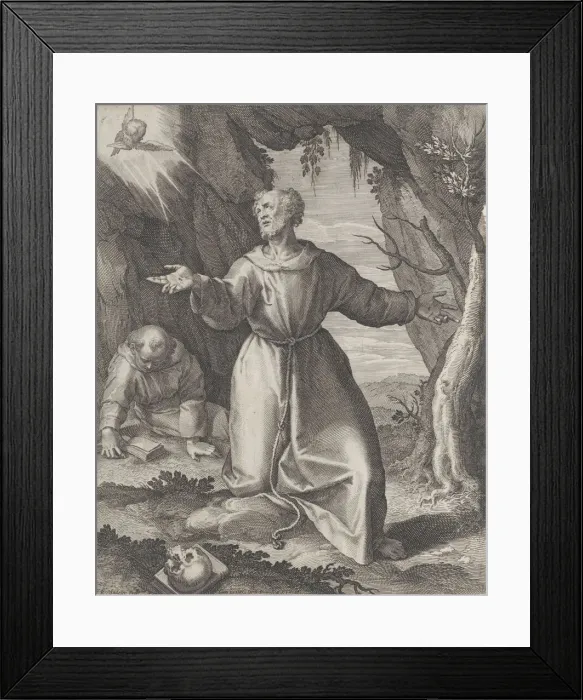 Framed Print : Saint Francis kneeling with his arms outstretched, looking towards a cherub at upper left Framed Print : Saint Francis kneeling with his arms outstretched, looking towards a cherub at upper left
