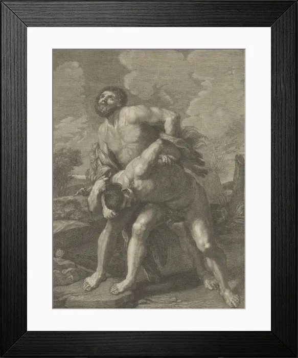 Framed Print : Hercules wearing a lion skin and fighting Achelous, a landscape in the background... ca. 1713-72. Creator: Robert Hecquet Framed Print : Hercules wearing a lion skin and fighting Achelous, a landscape in the background... ca. 1713-72. Creator: Robert Hecquet