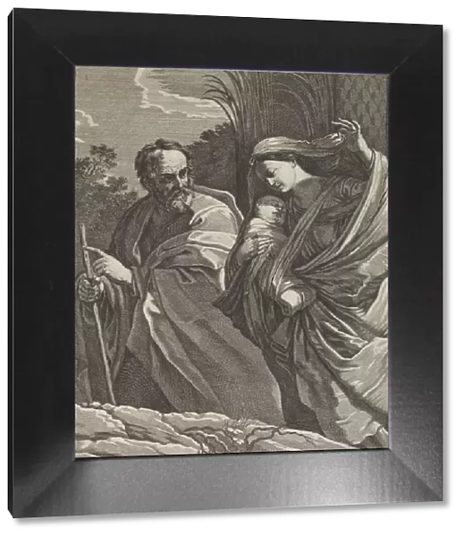 The Flight into Egypt; the Virgin carrying the infant Christ, Joseph pointing to th