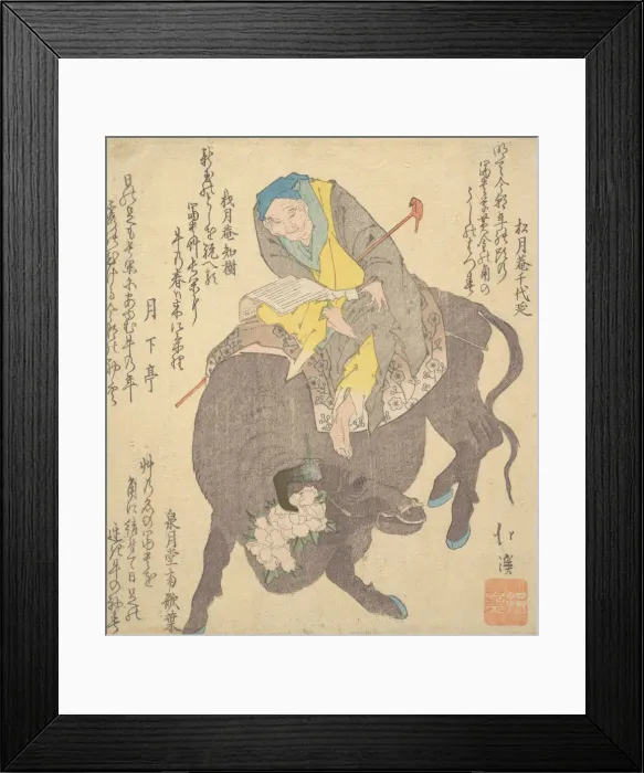 Framed Print : Chinese Sage Reading While Riding on a Buffalo, ca. 1820. Creator: Totoya Hokkei Framed Print : Chinese Sage Reading While Riding on a Buffalo, ca. 1820. Creator: Totoya Hokkei