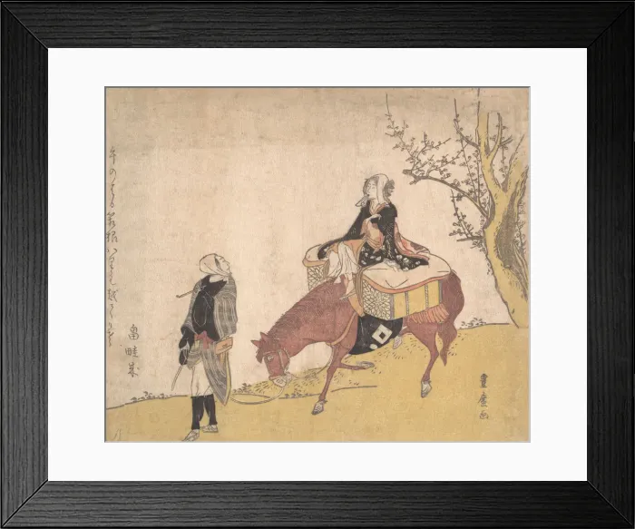 Framed Print : Version of Legend of Michizane: woman riding horse which a man is leading Framed Print : Version of Legend of Michizane: woman riding horse which a man is leading