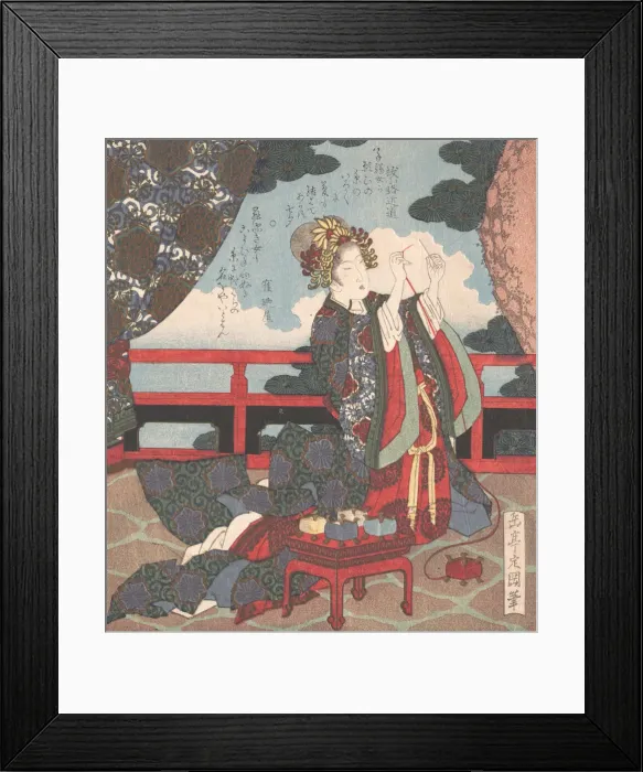 Framed Print : Lady Threading Needle on Verandah, 19th century. Creator: Gakutei Framed Print : Lady Threading Needle on Verandah, 19th century. Creator: Gakutei