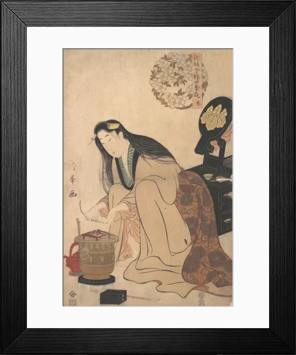 Framed Print : Lady Arranging Binsashi (Support for the Hair over the Temples) to put in Her Hair, ca Framed Print : Lady Arranging Binsashi (Support for the Hair over the Temples) to put in Her Hair, ca
