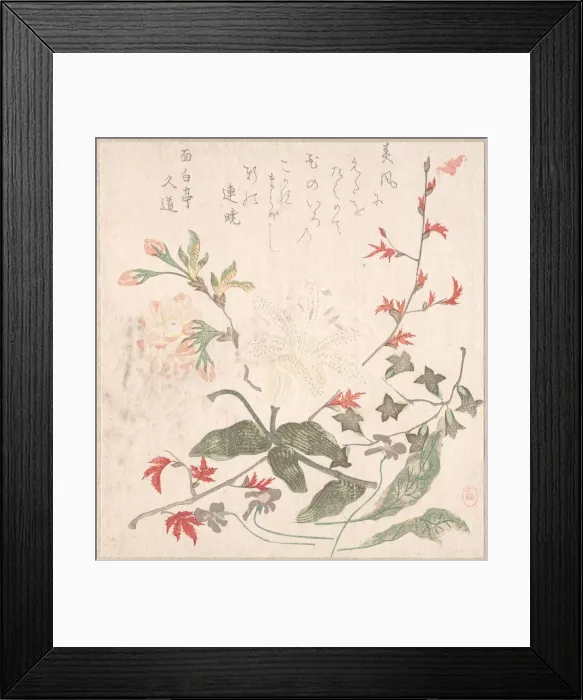 Framed Print : Lily, Violets, Cherry Blossoms, Forsythia, and a Branch of Red Maple, 18th-19th century Framed Print : Lily, Violets, Cherry Blossoms, Forsythia, and a Branch of Red Maple, 18th-19th century