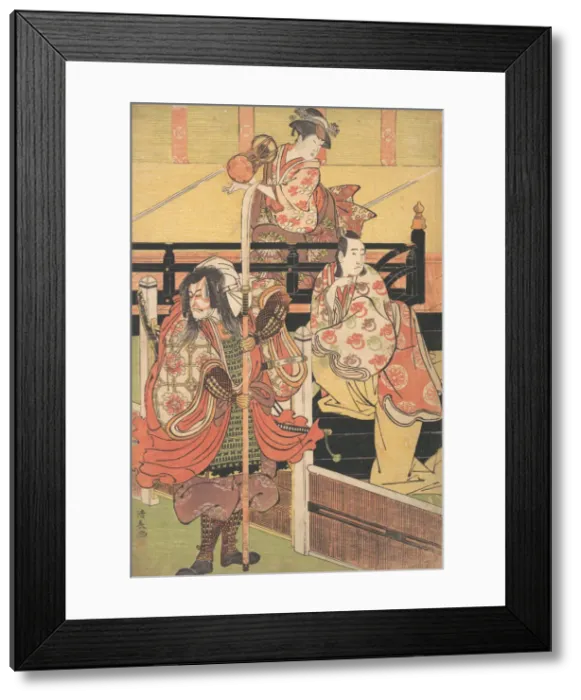 Framed Print : On a Balcony a Woman is Seated Playing a Tsuzumi, below a Man in Daimyo Costume is Sea Framed Print : On a Balcony a Woman is Seated Playing a Tsuzumi, below a Man in Daimyo Costume is Sea
