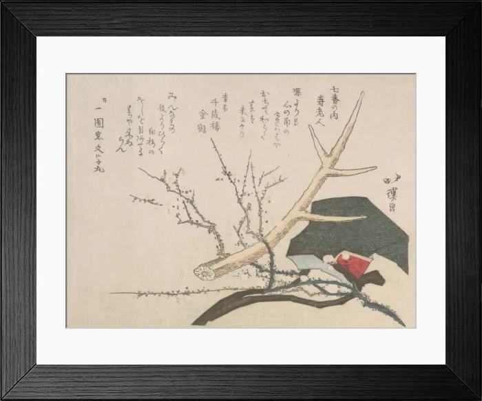 Framed Print : Hat, Deer-Horn and Plum Branch, Representing Jurojin, the God of Life, 19th century Framed Print : Hat, Deer-Horn and Plum Branch, Representing Jurojin, the God of Life, 19th century