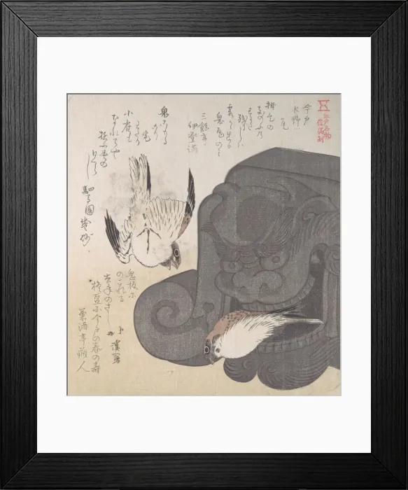 Framed Print : Roof Tile and Sparrows; Specialities of Mizuno in Imado, 19th century Framed Print : Roof Tile and Sparrows; Specialities of Mizuno in Imado, 19th century
