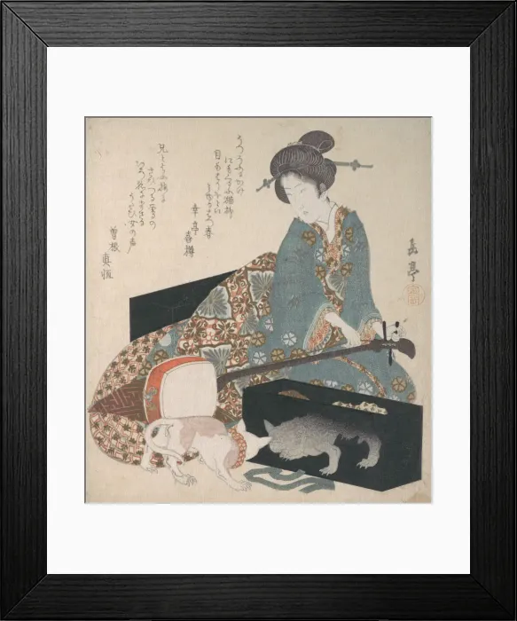 Framed Print : Woman Tuning a Shamisen and a Cat Looking at its Own Reflection, mid- 1820s Framed Print : Woman Tuning a Shamisen and a Cat Looking at its Own Reflection, mid- 1820s