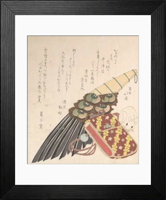 Framed Print : Feather-Brush and Doran (a Kind of Medicine Case) with a Netsuke of a Rat, probab Framed Print : Feather-Brush and Doran (a Kind of Medicine Case) with a Netsuke of a Rat, probab