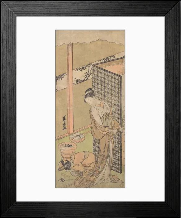 Framed Print : An Oiran in Night Attire, pausing, with one Hand on the Screen that Surrounds Her Bed Framed Print : An Oiran in Night Attire, pausing, with one Hand on the Screen that Surrounds Her Bed