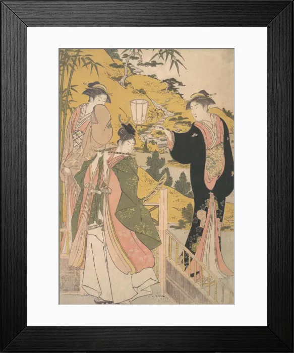 Framed Print : Yoshitsune Serenading Jorurihime, ca. 1785. Creator: Torii Kiyonaga