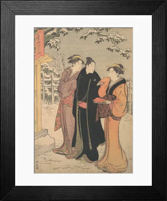 Framed Print : Man in a Black Haori (Coat) and Two Women Approaching a Temple. Creator: Torii Kiyonaga Framed Print : Man in a Black Haori (Coat) and Two Women Approaching a Temple. Creator: Torii Kiyonaga