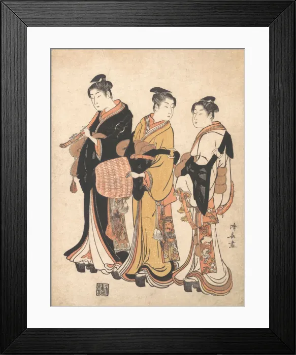 Framed Print : Three Young Women Masquerading as Komuso (Strolling Minstrel), ca. 1778 Framed Print : Three Young Women Masquerading as Komuso (Strolling Minstrel), ca. 1778