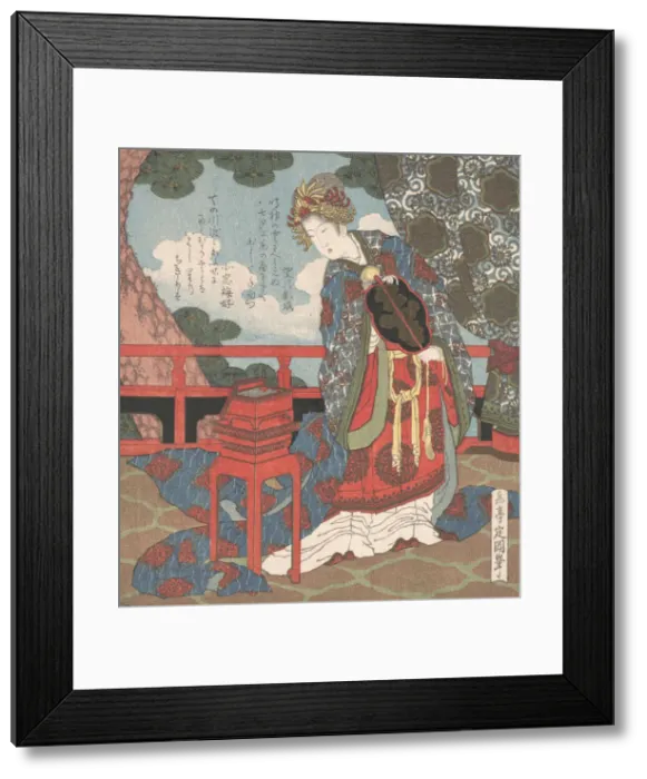Framed Print : Lady with Fan Standing on Verandah, 19th century. Creator: Gakutei Framed Print : Lady with Fan Standing on Verandah, 19th century. Creator: Gakutei