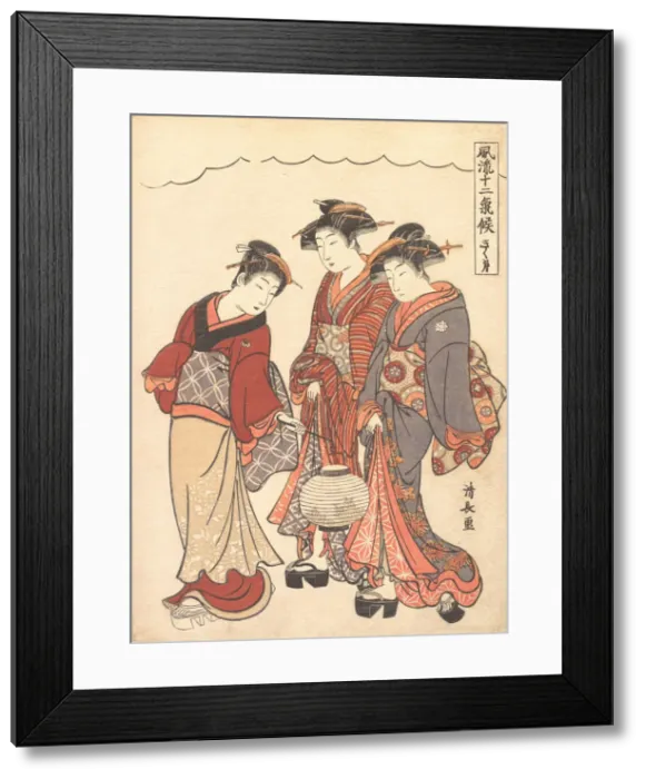 Framed Print : Two Geisha Preceded by a Maid Carrying a Lantern, ca. 1778. Creator: Torii Kiyonaga Framed Print : Two Geisha Preceded by a Maid Carrying a Lantern, ca. 1778. Creator: Torii Kiyonaga
