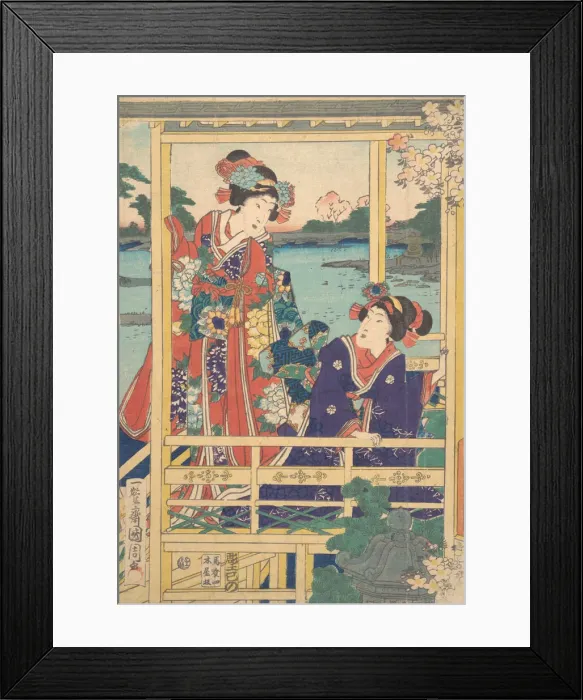 Framed Print : Two Beauties at Spring Garden with a Pond, ca. 2nd month, 1864 Framed Print : Two Beauties at Spring Garden with a Pond, ca. 2nd month, 1864