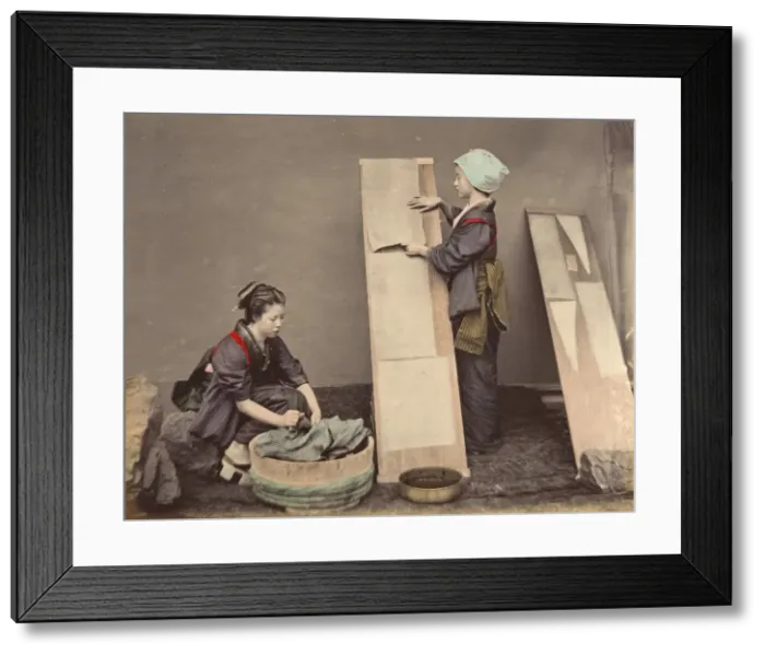Framed Print : [Two Japanese Women Posing with Laundry], 1870s. Creator: Unknown