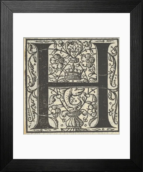 Framed Print : Initial letter H with dolphin and crown, mid-16th century. Creator: Unknown Framed Print : Initial letter H with dolphin and crown, mid-16th century. Creator: Unknown