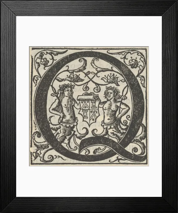 Framed Print : Initial letter Q with coat of arms, mid-16th century. Creator: Unknown