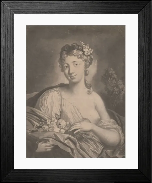 Framed Print : Spring: a young woman holding flowers in her cloak, 1775. Creator: Richard Houston Framed Print : Spring: a young woman holding flowers in her cloak, 1775. Creator: Richard Houston