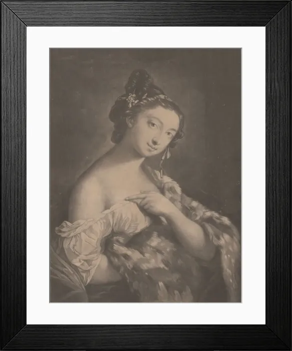 Framed Print : Winter: a woman holding a spotted fur mantle, 1775. Creator: Richard Houston Framed Print : Winter: a woman holding a spotted fur mantle, 1775. Creator: Richard Houston