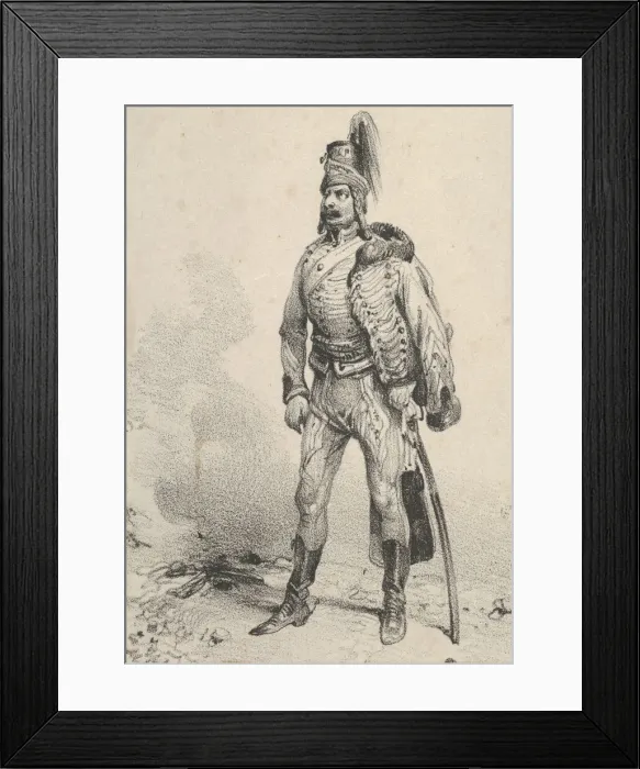 Framed Print : Standing soldier with his jacket on one shoulder, mid-19th century. Creator: Victor Adam