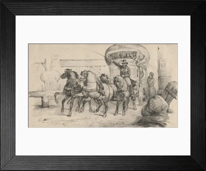 Framed Print : Five horses pulling a carriage with passengers, mid-19th century. Creator: Victor Adam Framed Print : Five horses pulling a carriage with passengers, mid-19th century. Creator: Victor Adam