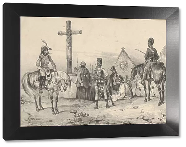 Soldiers gathered in front of a church with priests and a crucifix, mid-19th century